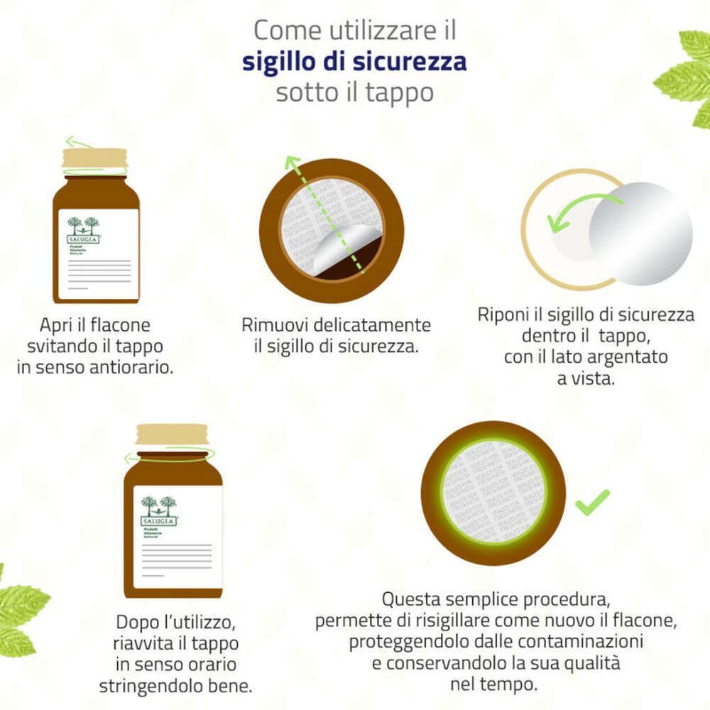 Istruzioni sull'uso del sigillo di sicurezza del flacone Salugea ProbioGea Mente.