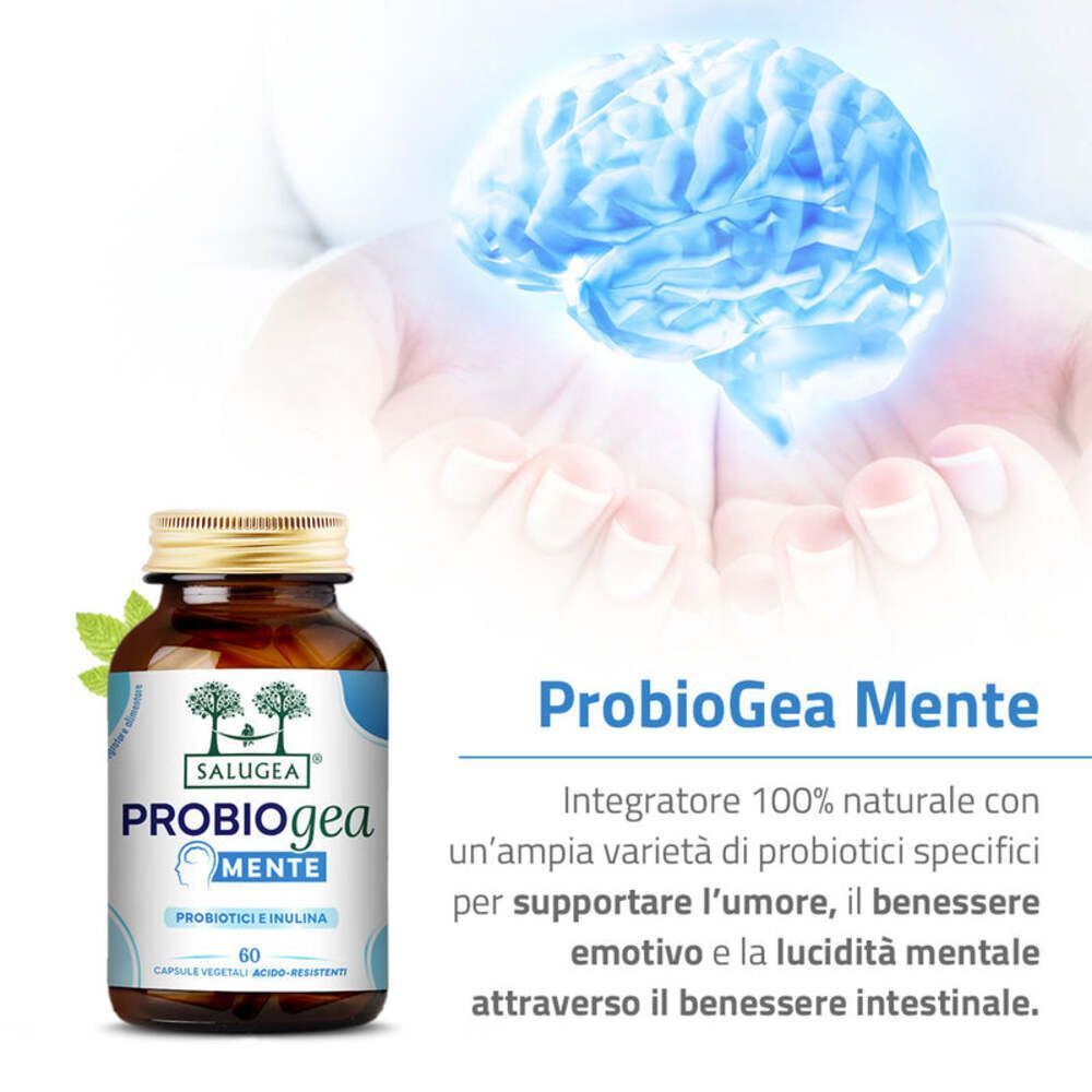 Flacone Salugea ProbioGea Mente davanti a un cervello stilizzato, che suggerisce supporto cognitivo.