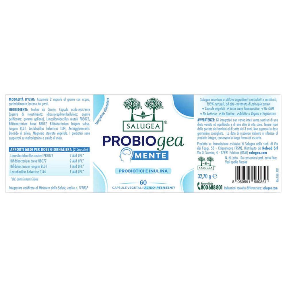 Retro di un flacone Salugea ProbioGea Mente con etichetta che mostra ingredienti e dosaggio.