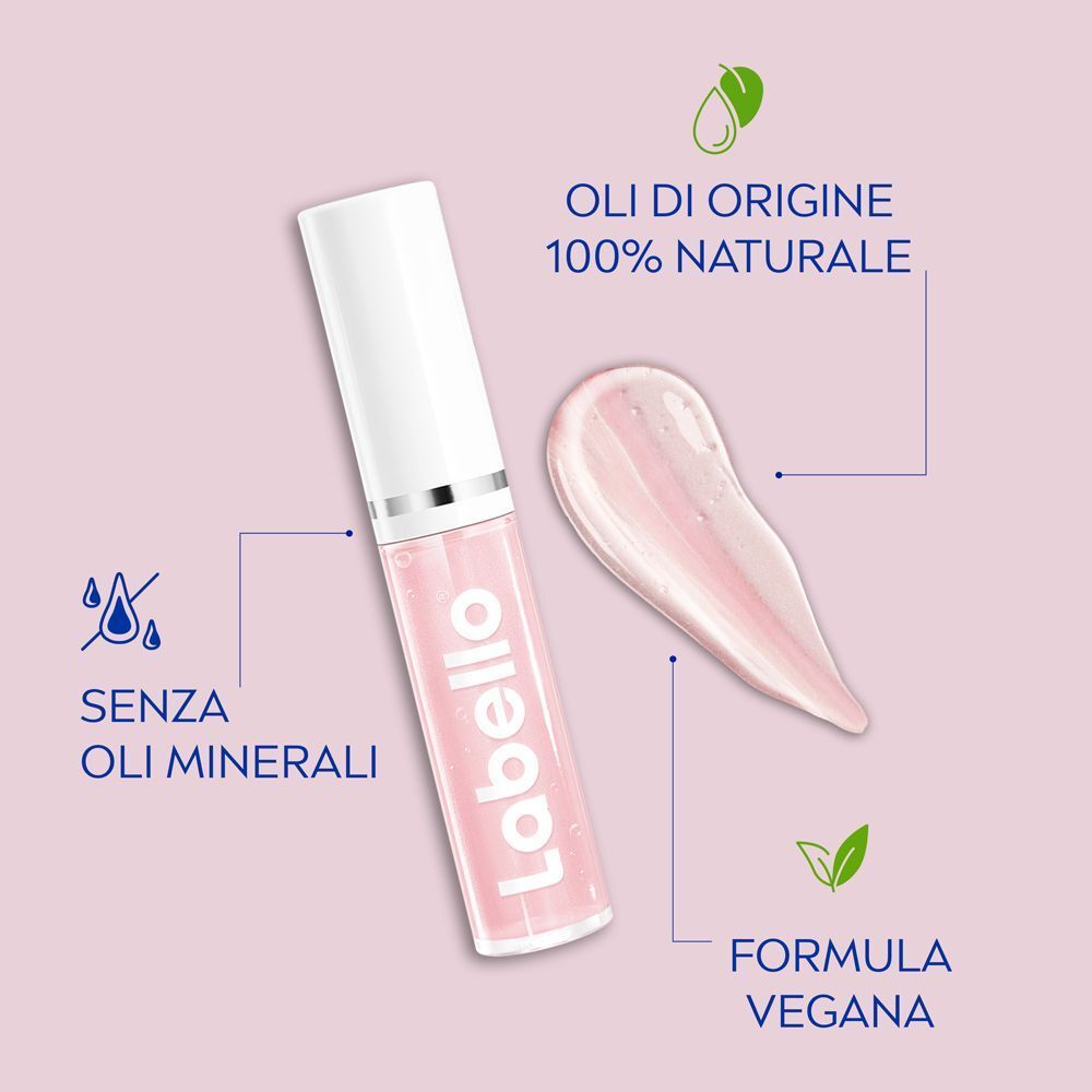 Labello Lip Oil Effetto Glossy con testo: Oli 100% naturali, formula vegana, senza oli minerali.