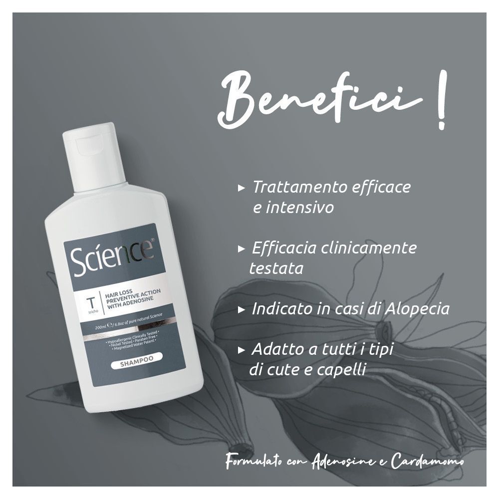 Flacone bianco di shampoo "Science" con scritta "Hair Loss Preventive Action with Adenosine".