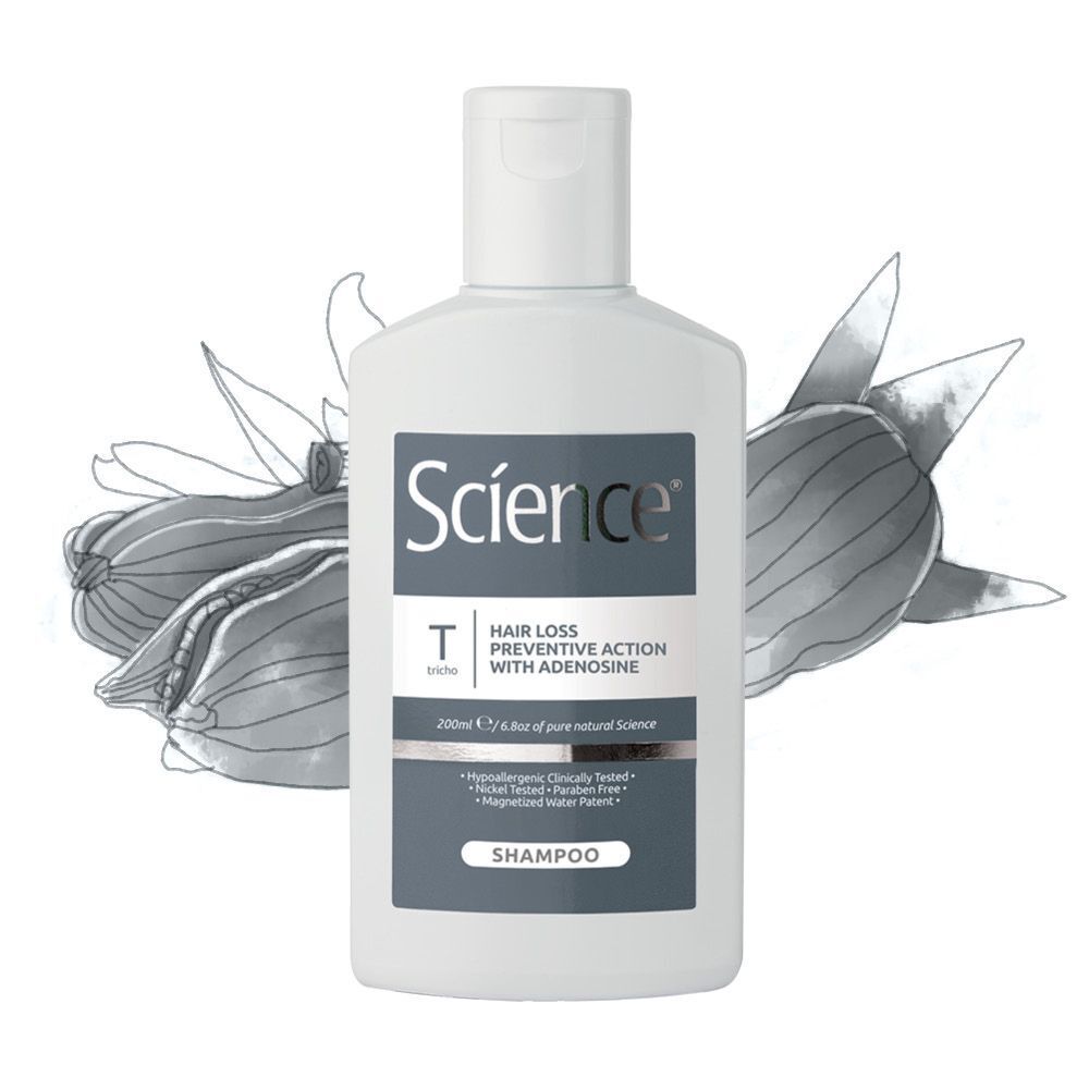 Flacone bianco di shampoo Science Anticaduta con Adenosina, 200ml.