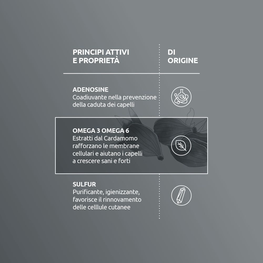 Lista ingredienti per cura dei capelli: Adenosina, Omega 3 Omega 6, Zolfo. Con simboli.