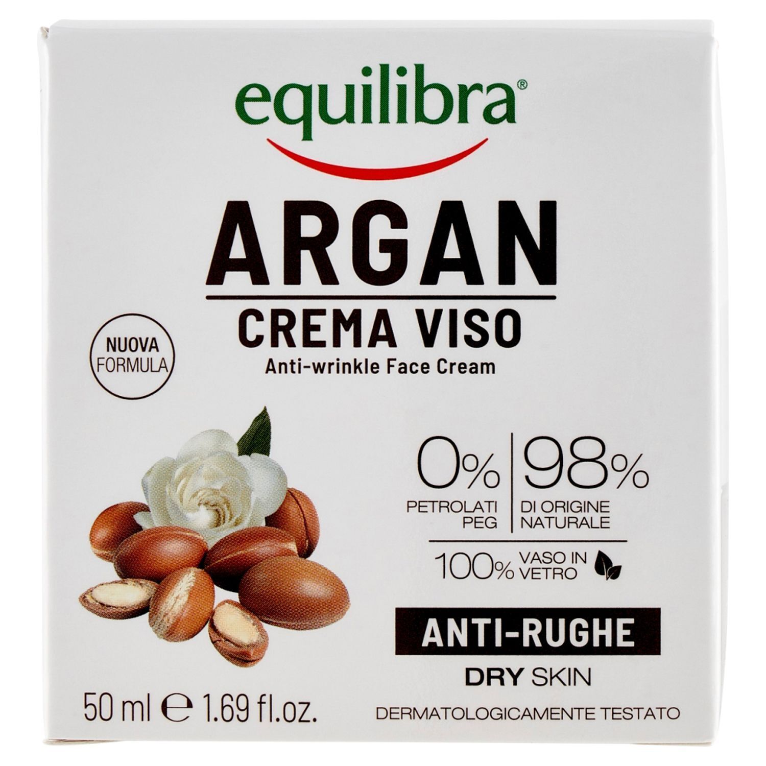 Equilibra Argan Crema Viso Anti-rughe, 50ml. Con olio di argan e ingredienti naturali.