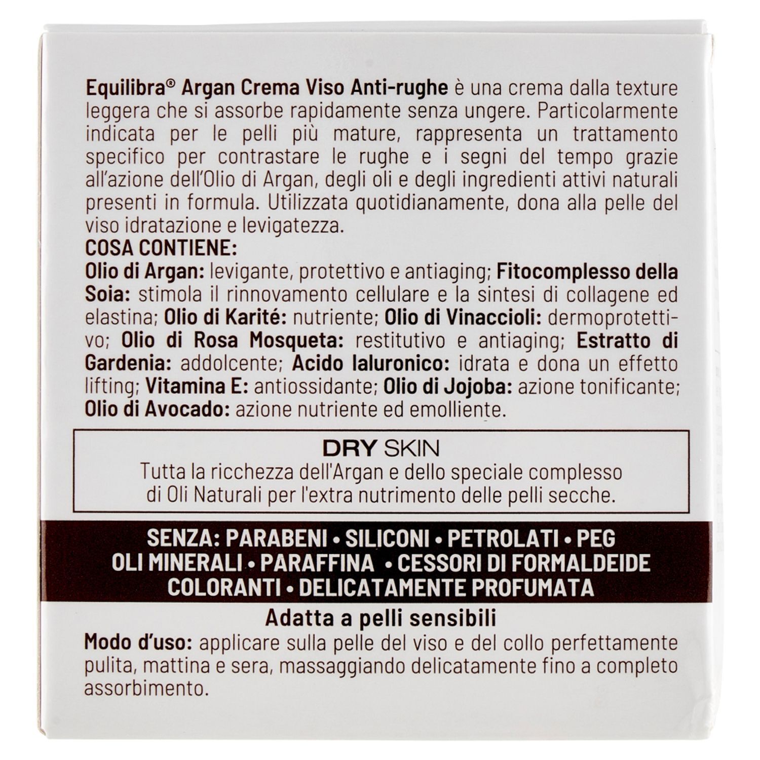 Retro confezione Equilibra Argan Crema Viso con ingredienti e indicazioni d'uso.