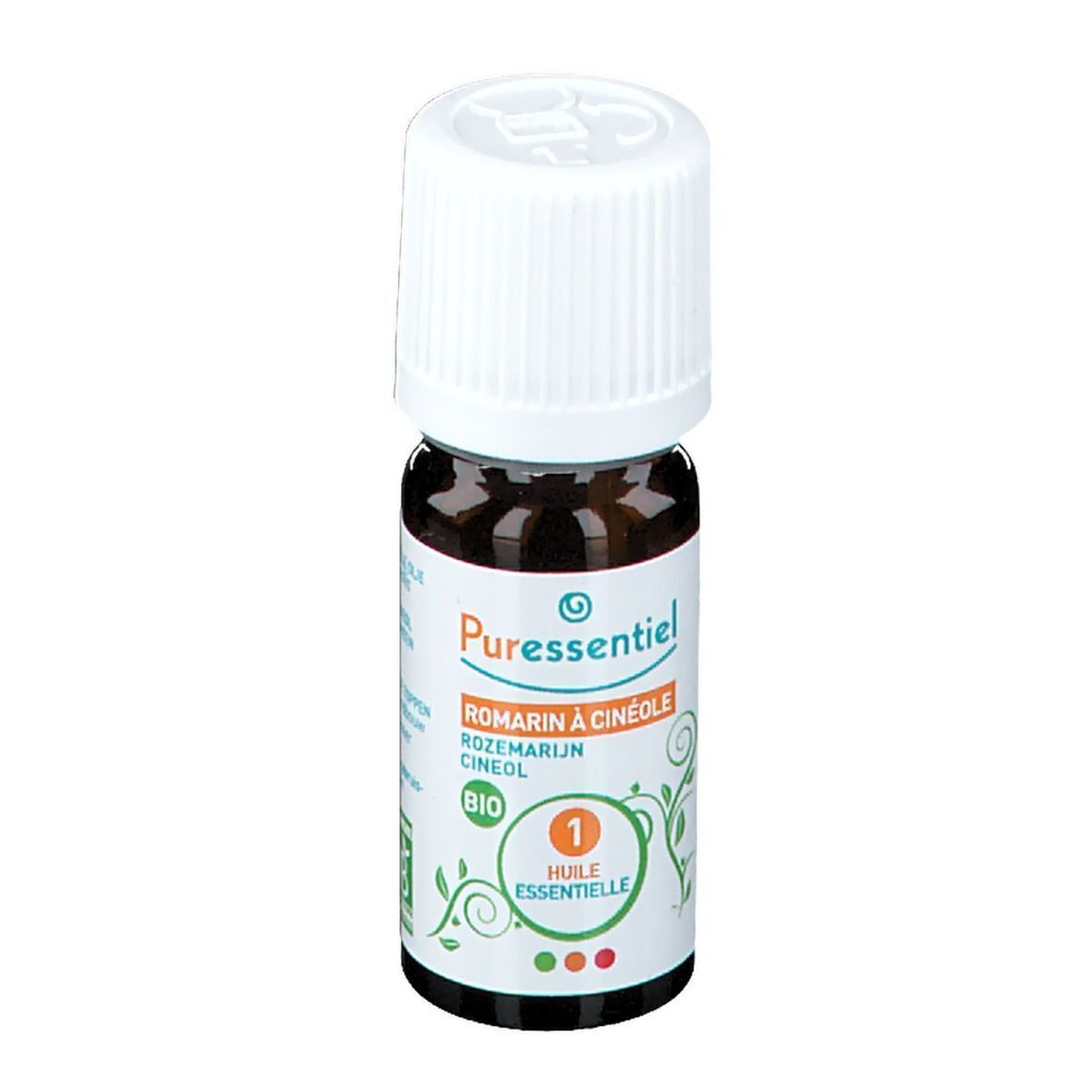 Una piccola bottiglia di vetro marrone di olio essenziale biologico Puressentiel Rosmarino Cineolo con tappo a vite bianco.