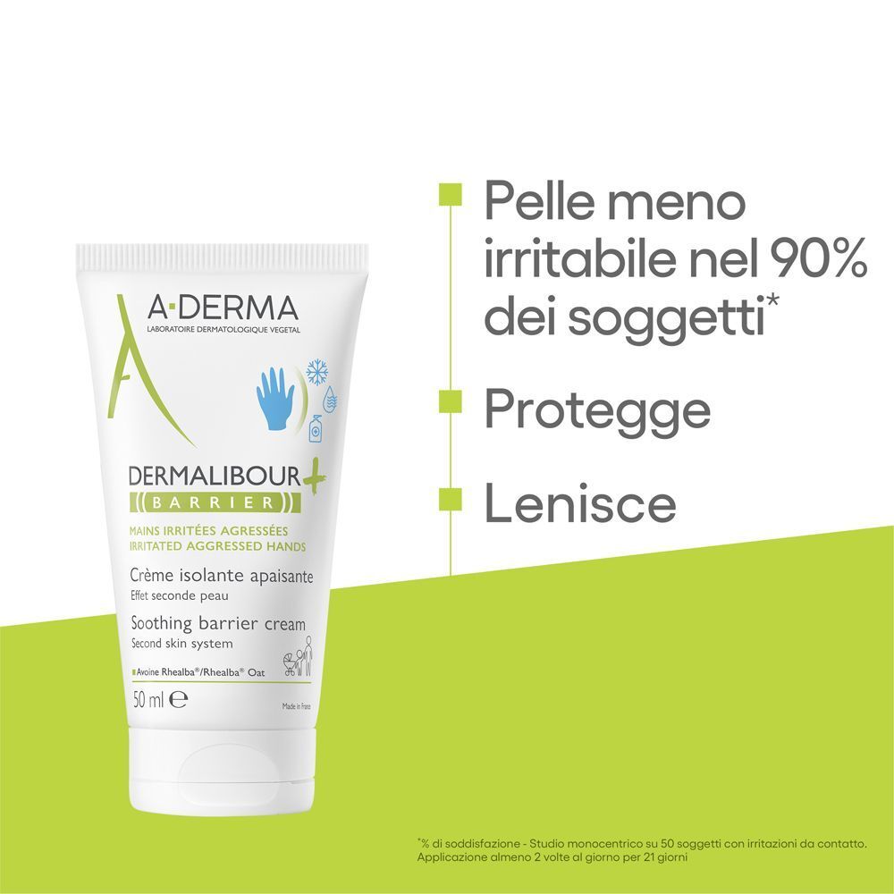 Tubo di Crema A-Derma Dermalibour+ Barrier con testo sulle sue proprietà lenitive.