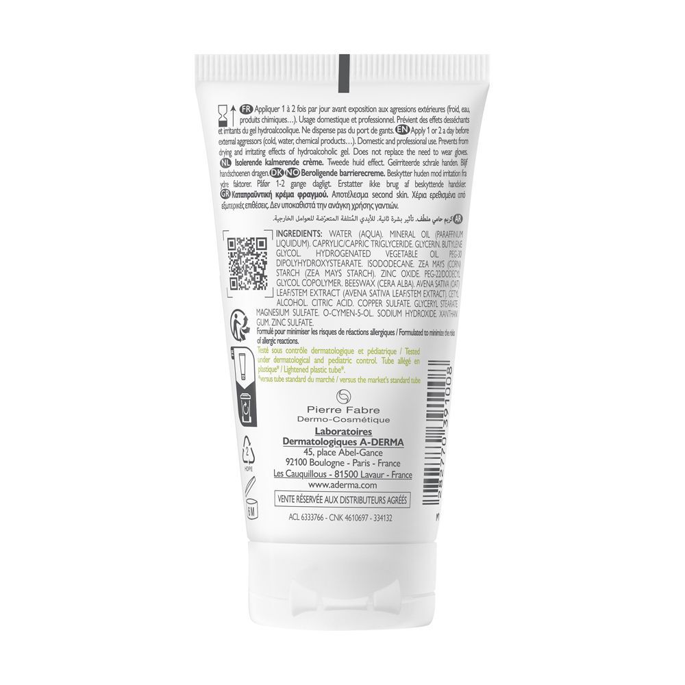 Retro di un tubo di Crema A-Derma Dermalibour+ Barrier con ingredienti e istruzioni.