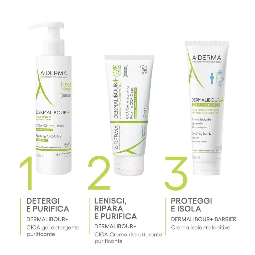 Gamma A-Derma Dermalibour+: gel detergente, crema ristrutturante, crema barriera.