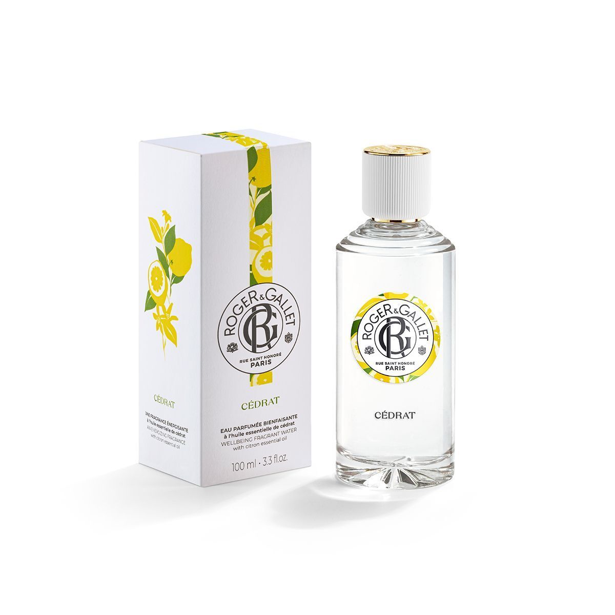 ROGER&GALLET Cedrat Eau de Parfum (100ml) accanto alla sua confezione con limoni.