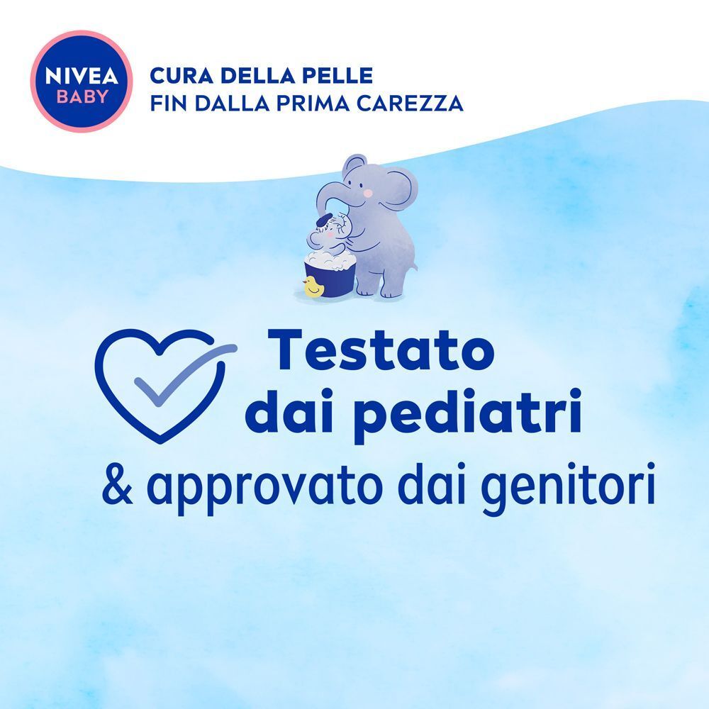 Logo Nivea Baby, elefante con bimbo, sigillo di approvazione e testo 'Testato da pediatri & approvato da genitori'.