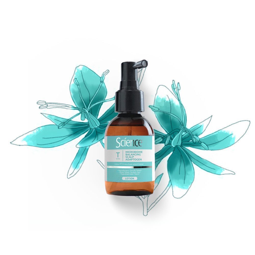 Flacone di Science Adattogeno Cutaneo Lotion con piante stilizzate sullo sfondo.