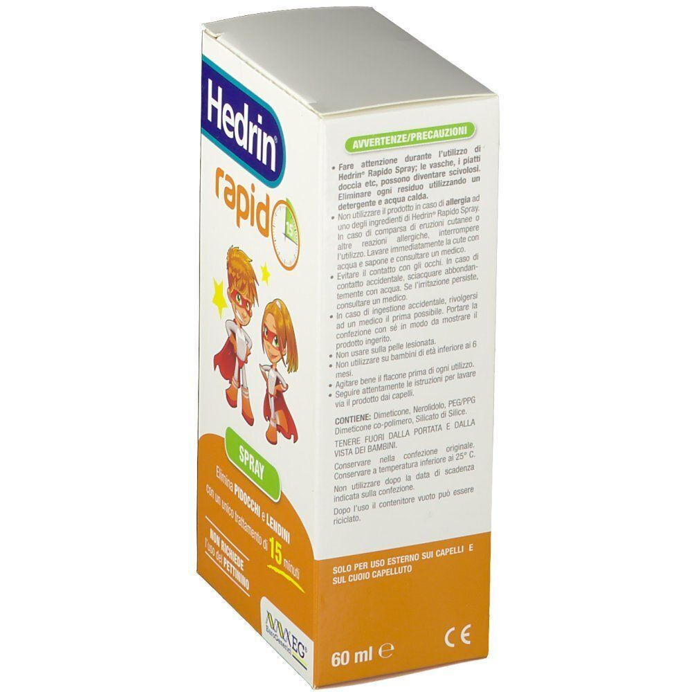 Una confezione di Hedrin Rapid Spray con avvertenze e informazioni sull'uso.