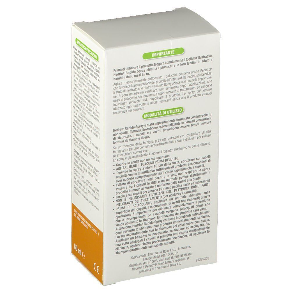 Lato di una confezione di Hedrin Rapid Spray con istruzioni d'uso e informazioni.