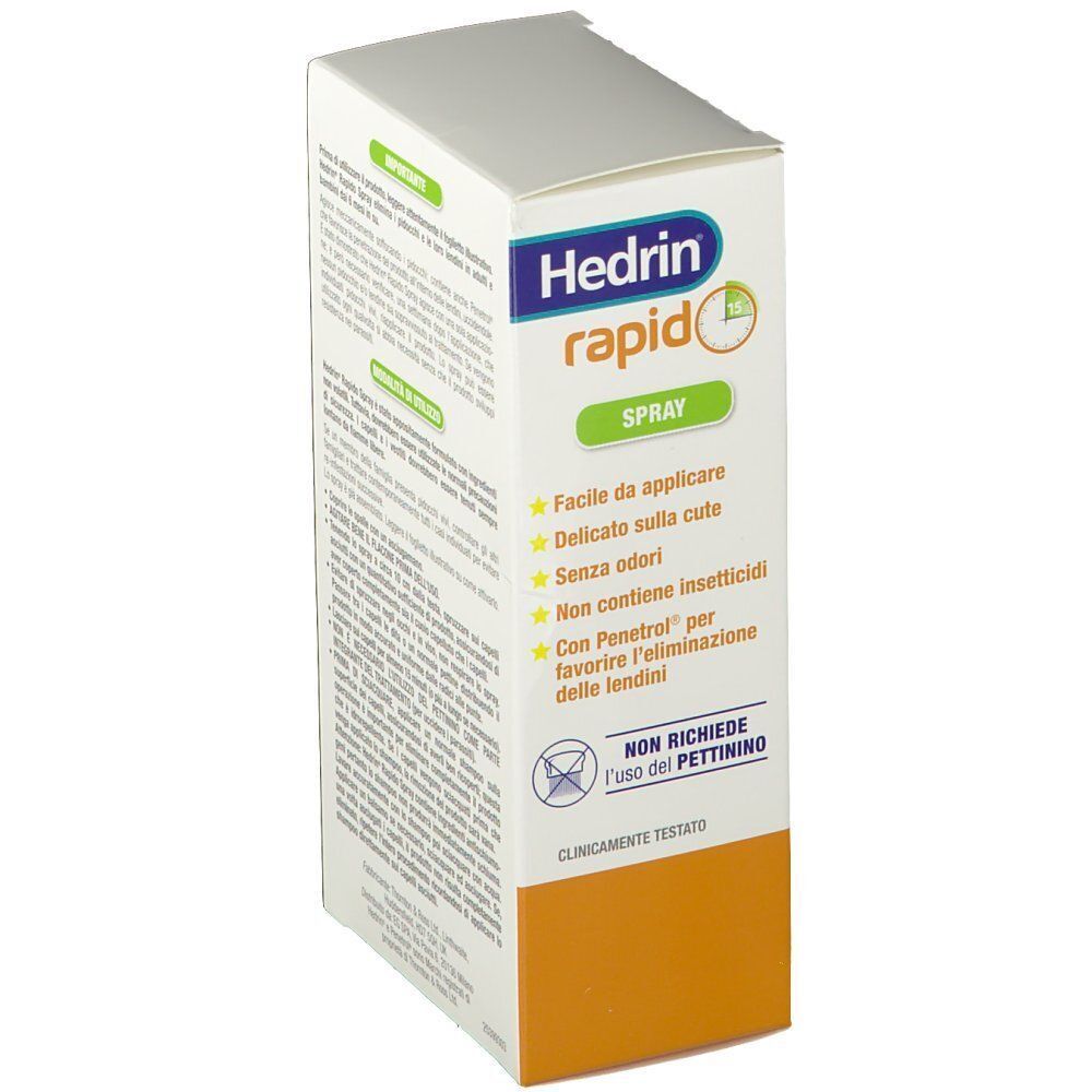 Vista laterale di una confezione di Hedrin Rapid Spray con caratteristiche e istruzioni.