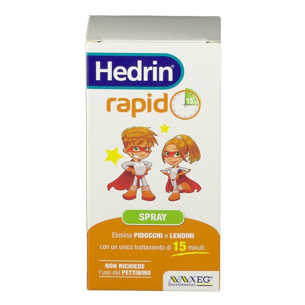 Fronte di una confezione di Hedrin Rapid Spray con illustrazione di supereroi e caratteristiche.