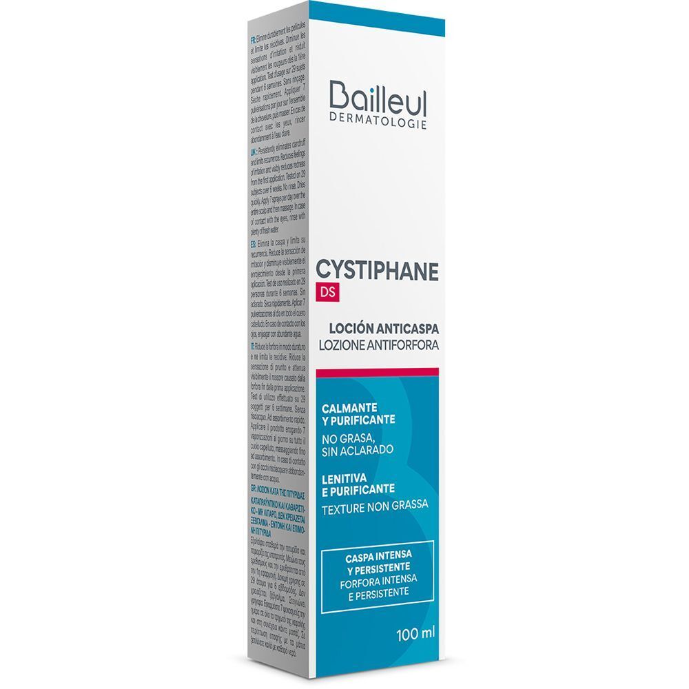 Un flacone di Cystiphane DS Lozione Antiforfora, 100 ml, con dettagliate informazioni sul prodotto.