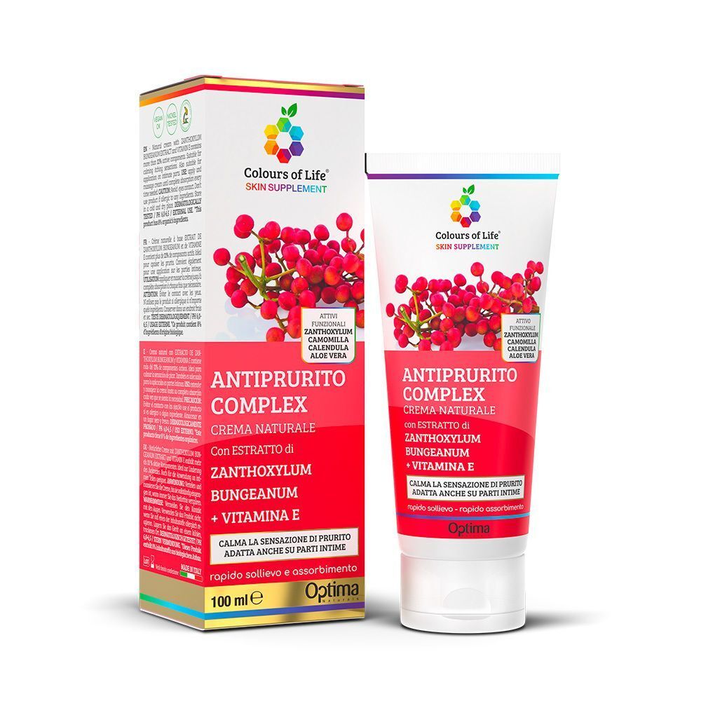 Tubo e confezione Colours of Life® Skin Supplement Crema Antiprurito Complex con motivo a bacche rosse e indicazione 100 ml.