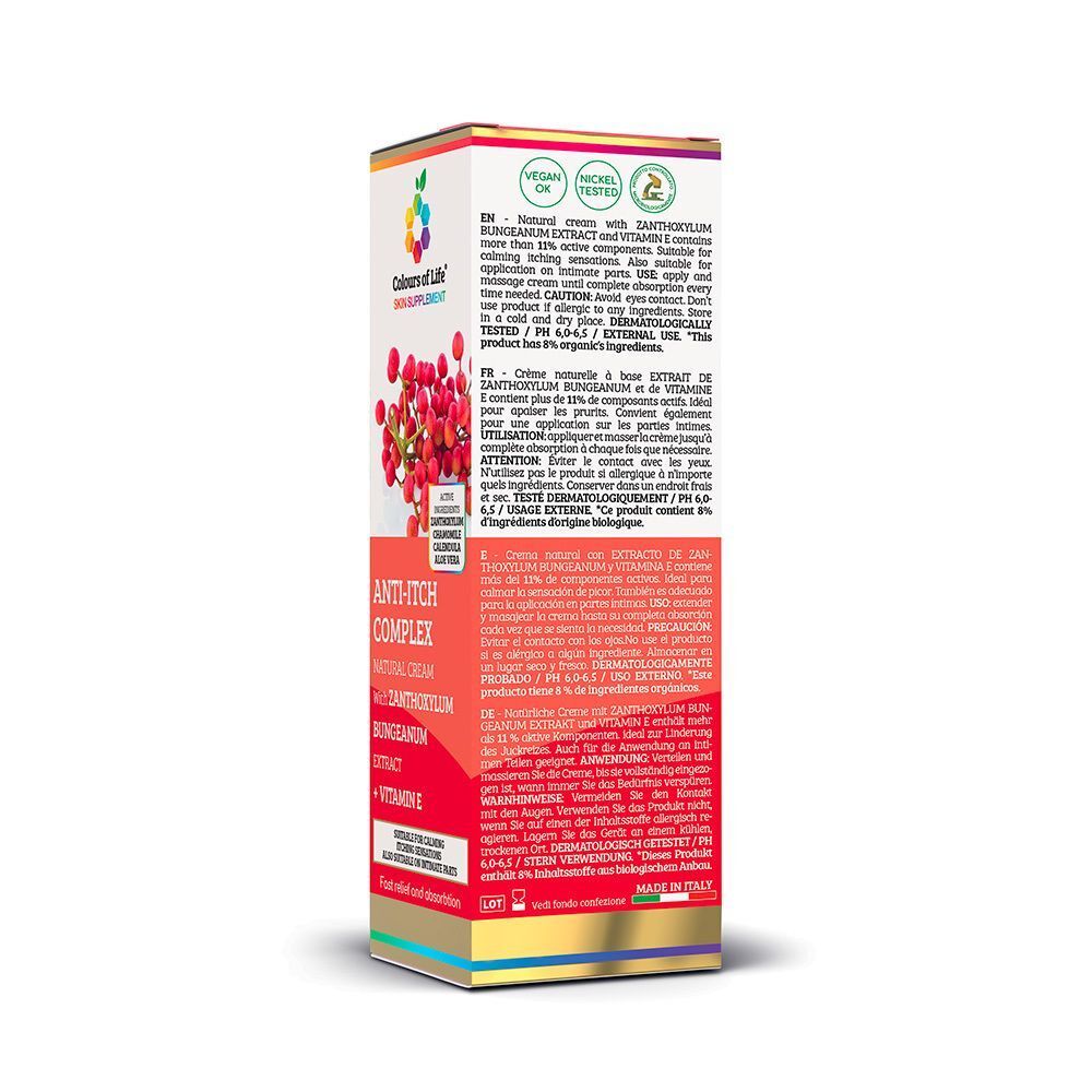 Confezione Colours of Life® Skin Supplement Crema Antiprurito Complex con informazioni dettagliate sul prodotto e motivo a bacche rosse.