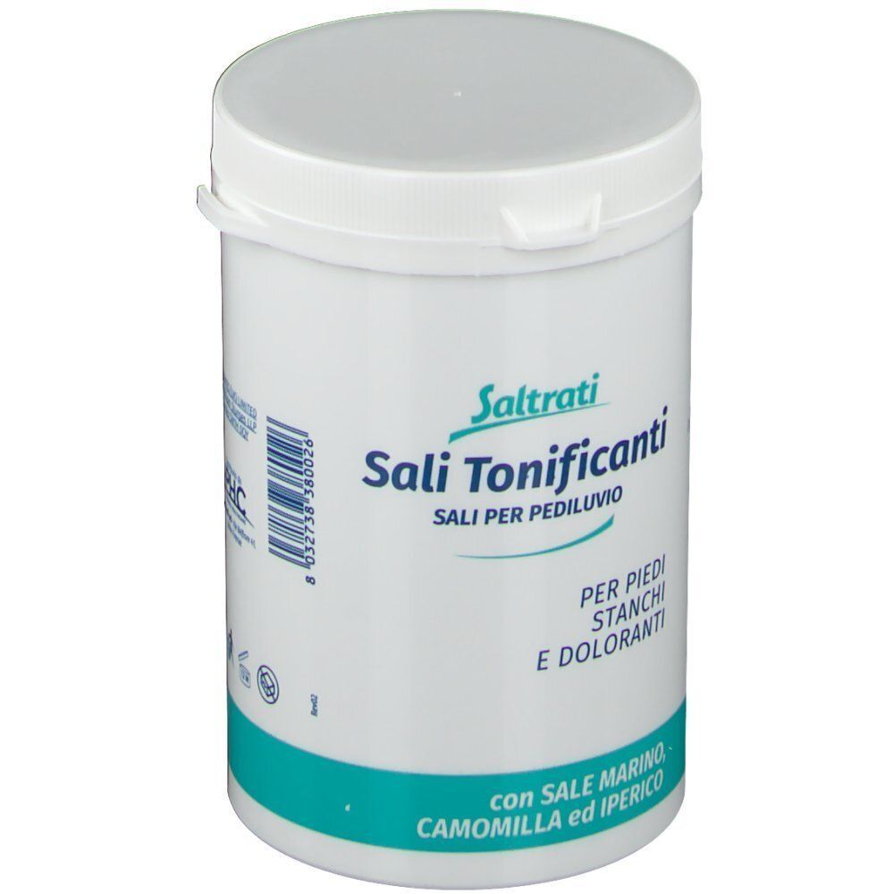 Un contenitore bianco di Sali Tonificanti Saltrati per pediluvio. Tappo bianco e fascia turchese.