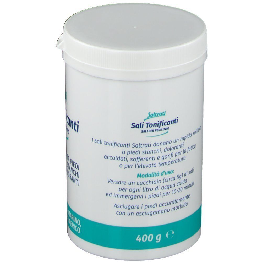 Un contenitore bianco di Sali Tonificanti Saltrati per pediluvio. Contiene 400g. Etichettatura in italiano.