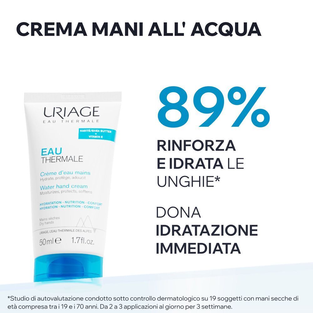 Tubo da 50ml di crema mani URIAGE Eau Thermale con testo sul rafforzamento delle unghie.