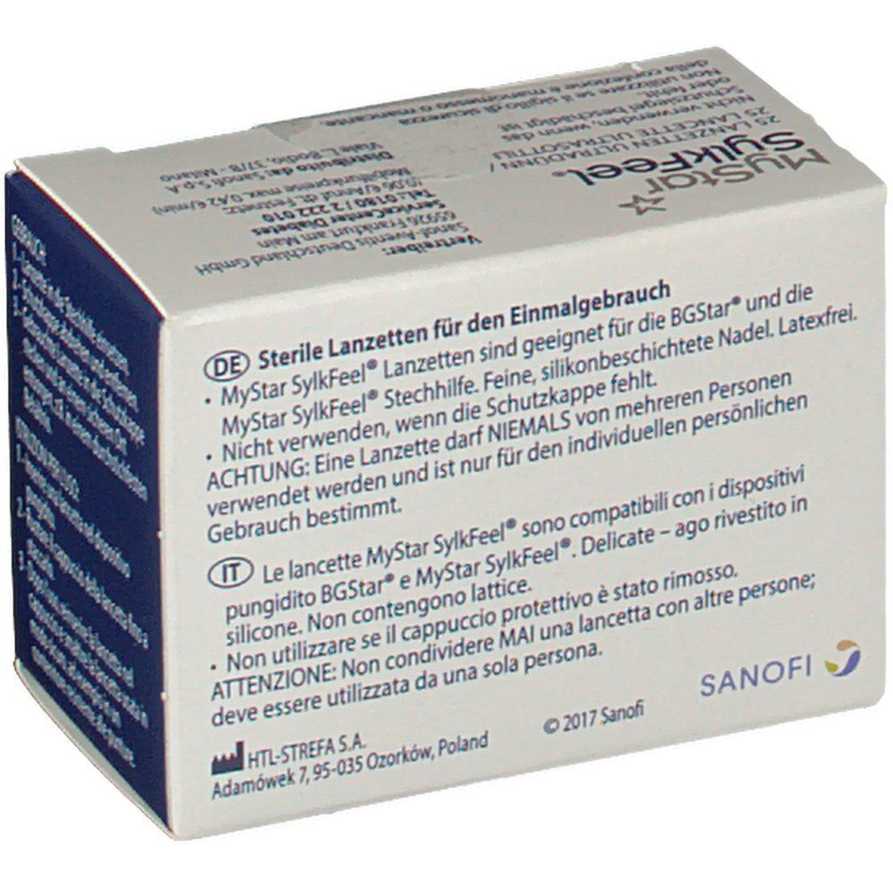 Confezione da 25 lancette MyStar SylkFeel, 28G. Informazioni in tedesco e italiano.