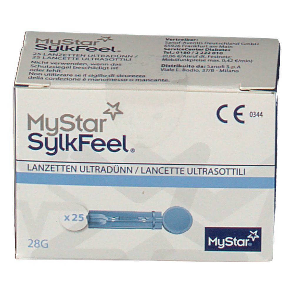 Confezione da 25 lancette MyStar SylkFeel, 28G. Marchio CE e numero di approvazione.