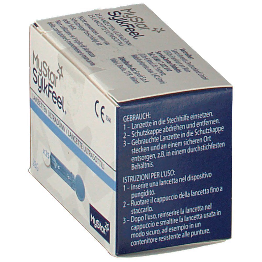 Una confezione di lancette MyStar SylkFeel, 25 pezzi, 28G. Istruzioni per l'uso in tedesco e italiano.