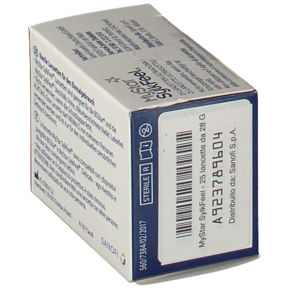 Vista laterale di una confezione di lancette MyStar SylkFeel. Sterile, 25 pezzi, 28G. Codice a barre e data di produzione.