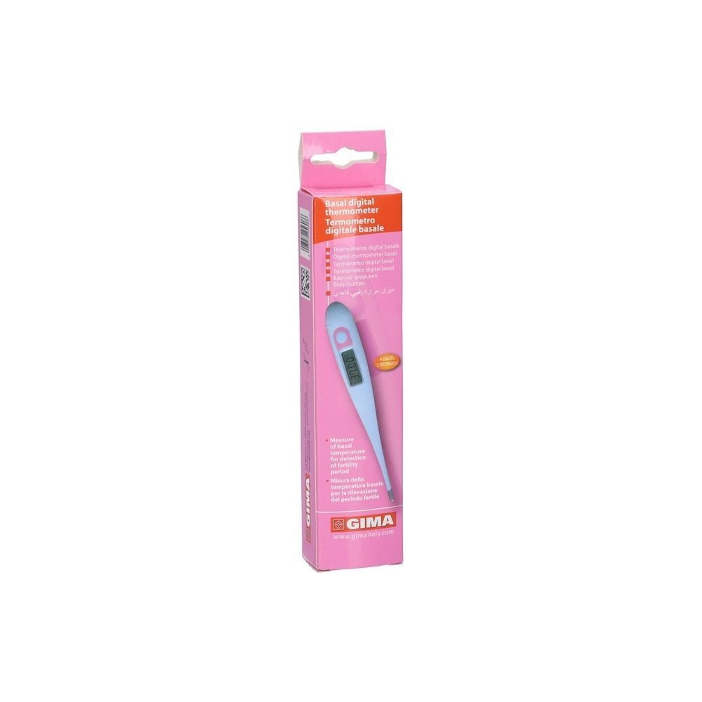 Confezione rosa di un termometro digitale basale GIMA con immagine del prodotto e informazioni.