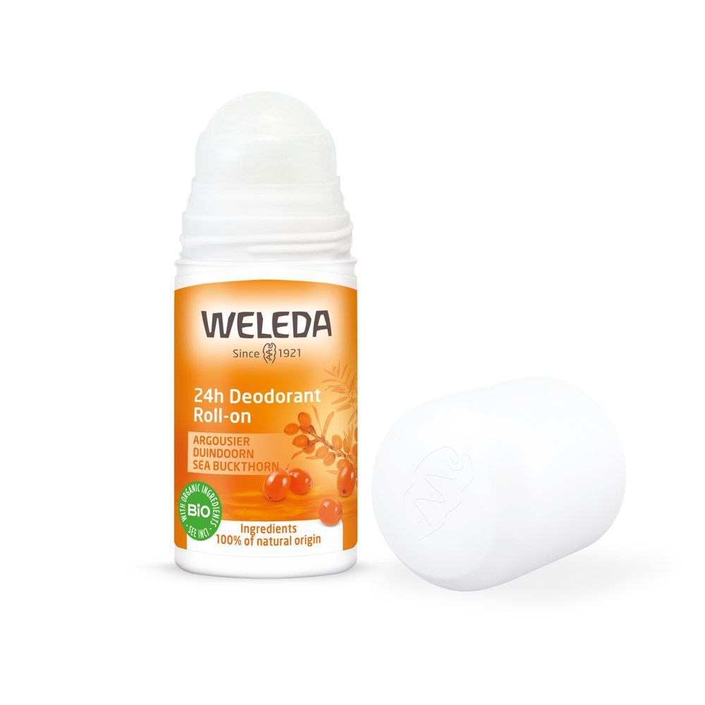 Deodorante roll-on Weleda 24h all'olivello spinoso con tappo rimosso. Flacone bianco, etichetta arancione con motivo di olivello spinoso.