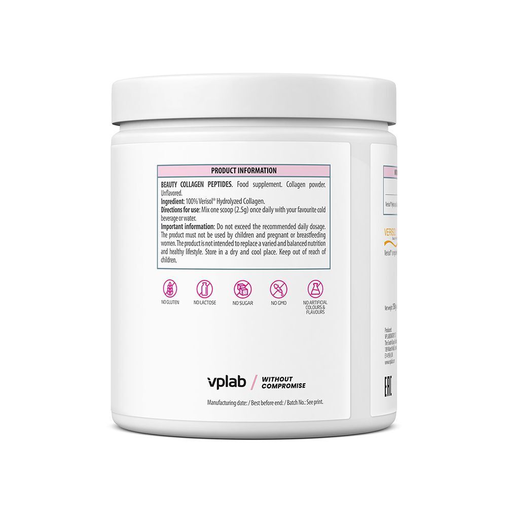 Retro di un contenitore VPLAB Beauty Collagen Peptides con informazioni sul prodotto e avvertenze.