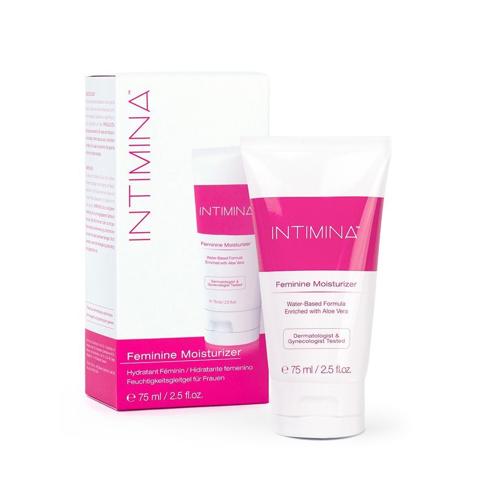 Un tubo di crema idratante INTIMINA accanto alla sua confezione, 75 ml.