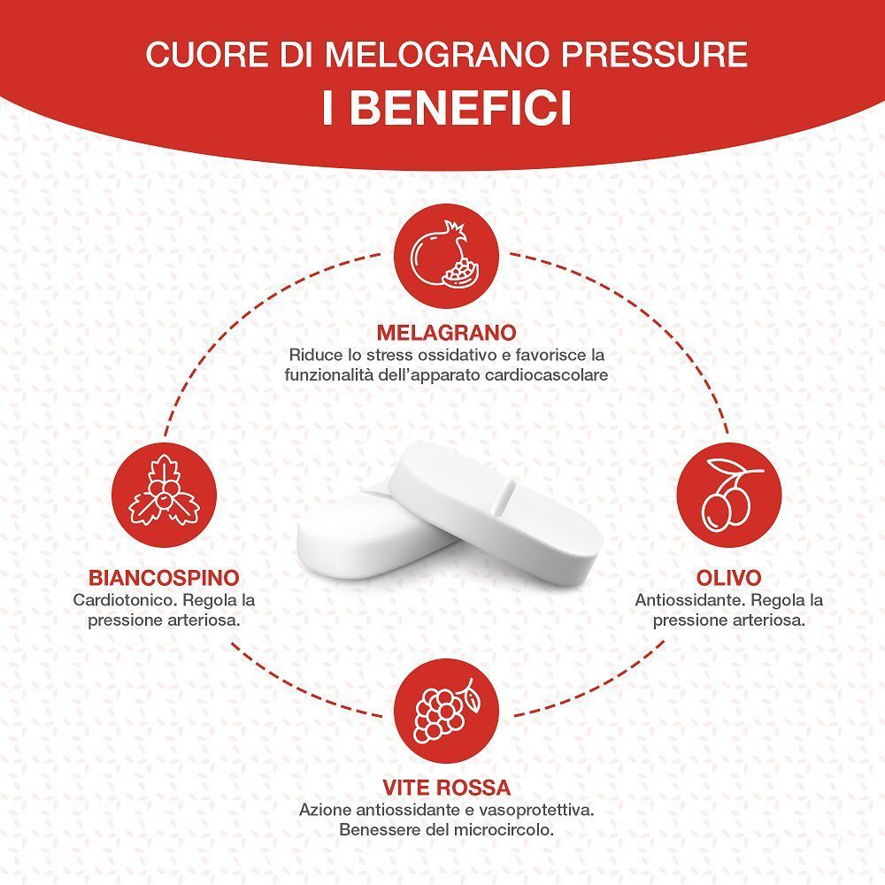 Schema con melograno, biancospino, oliva e vite rossa che illustrano gli ingredienti di Optima Cuore di Melograno PRESSURE.