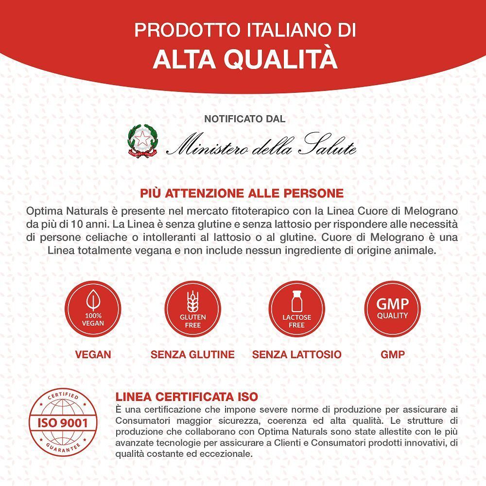 Certificato di prodotto italiano di alta qualità con sigilli Vegan, Senza Glutine, Senza Lattosio e GMP.