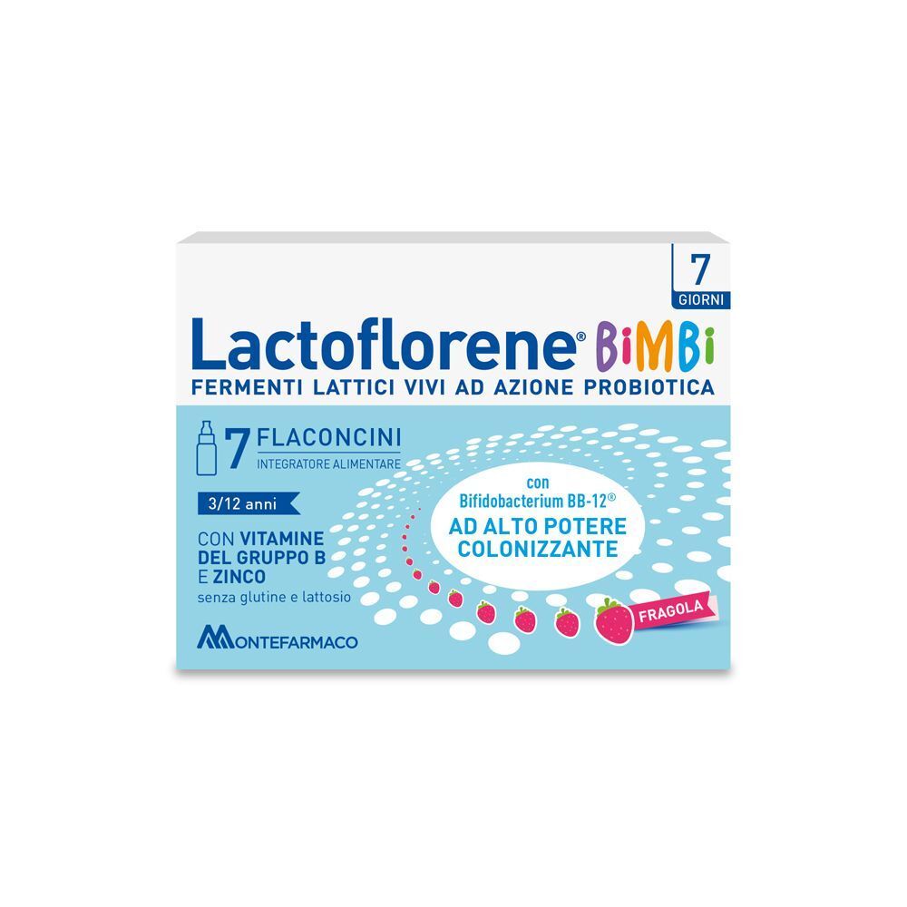 Confezione Lactoflorene Bimbi con 7 flaconcini, per bambini 3-12 anni, con vitamine e zinco.
