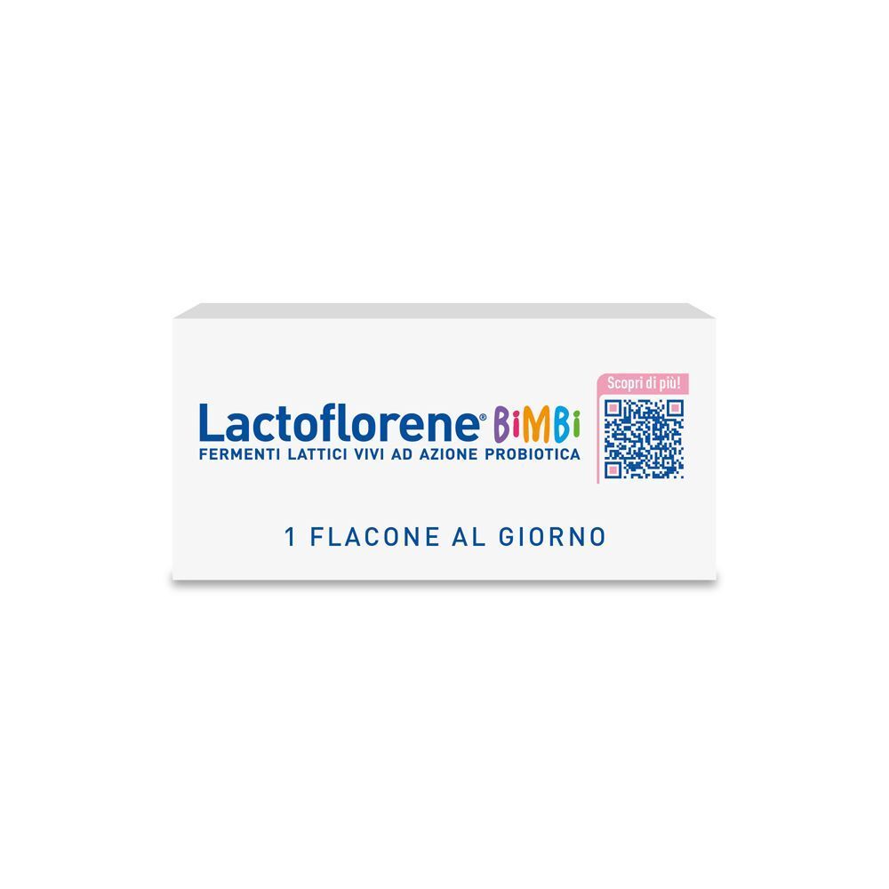 Fronte della confezione Lactoflorene Bimbi con QR code e indicazione '1 flaconcino al giorno'.
