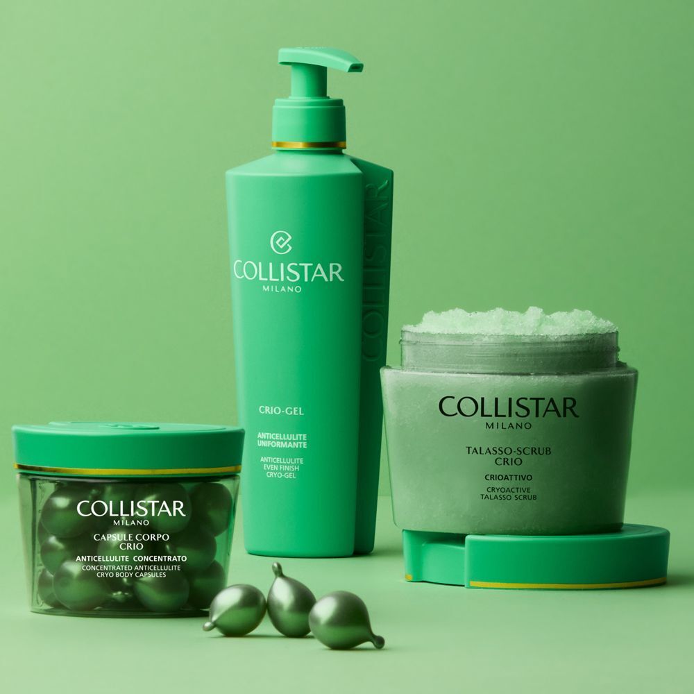 Collistar Crio-Gel, Talasso-Scrub e capsule in confezione verde.