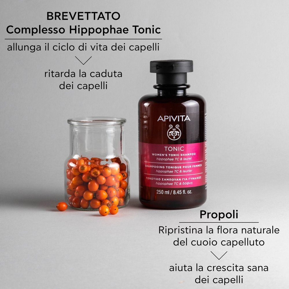 Shampoo tonico APIVITA con olivello spinoso e propoli.