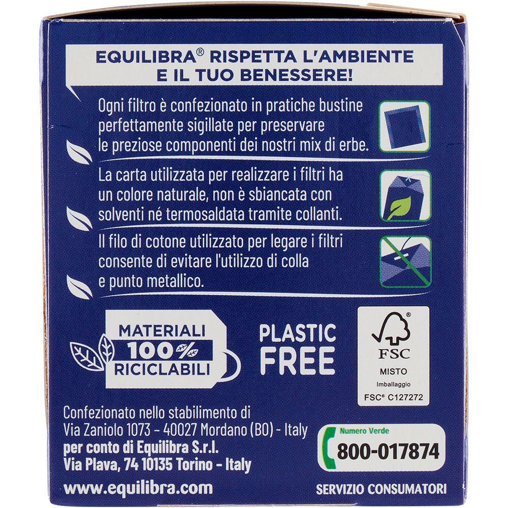 Lato di una confezione di tisana Equilibra® con informazioni ambientali: materiali riciclabili, plastic-free, certificato FSC.