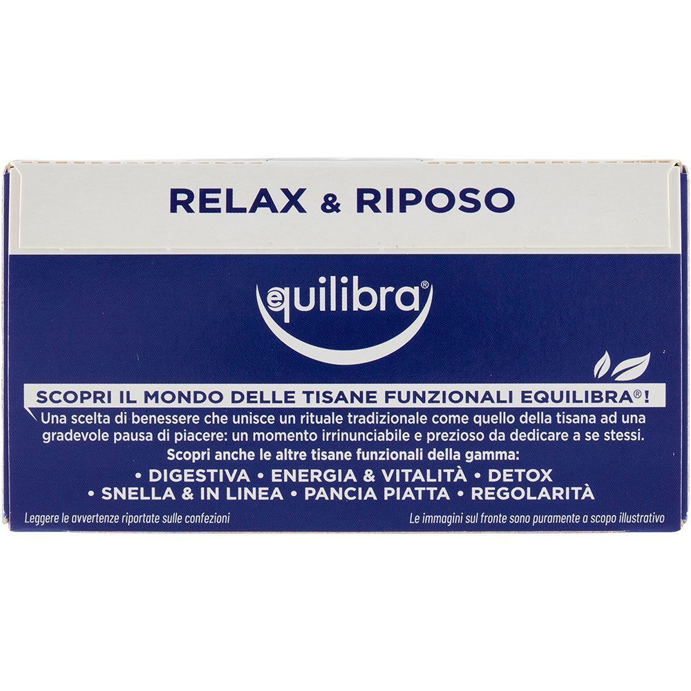 Fronte di una confezione di tisana Equilibra® Relax & Riposo con nome prodotto e info sulle tisane funzionali.