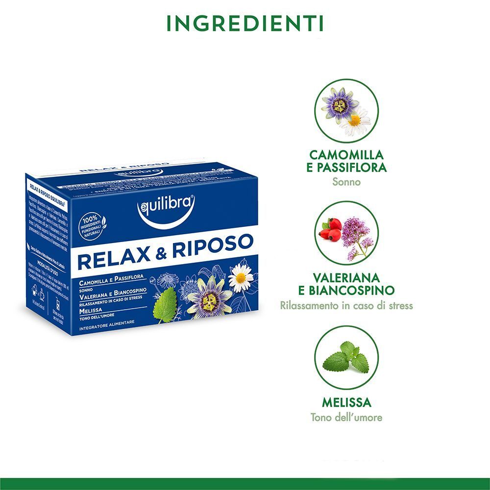 Una confezione di tisana Equilibra® Relax & Riposo con illustrazioni degli ingredienti camomilla, passiflora, valeriana e melissa.