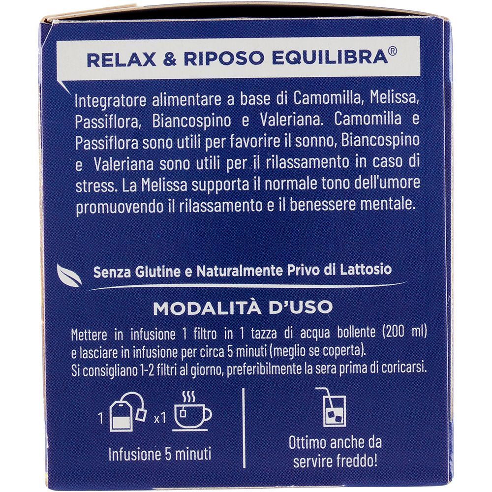 Lato di una confezione Equilibra® Relax & Riposo con modalità d'uso e indicazione senza glutine.