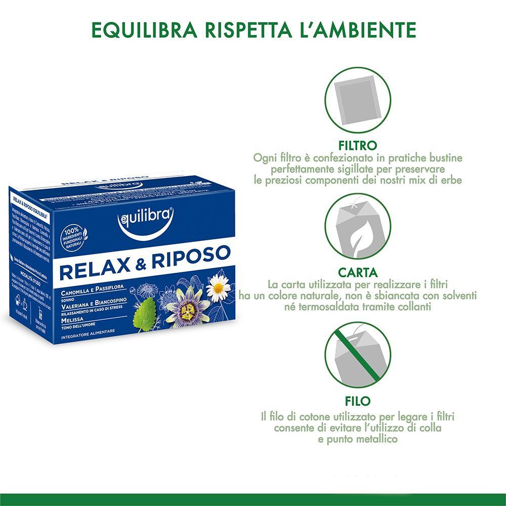 Vista prospettica di una confezione Equilibra® Relax & Riposo con focus su filtro, carta e filo di cotone.