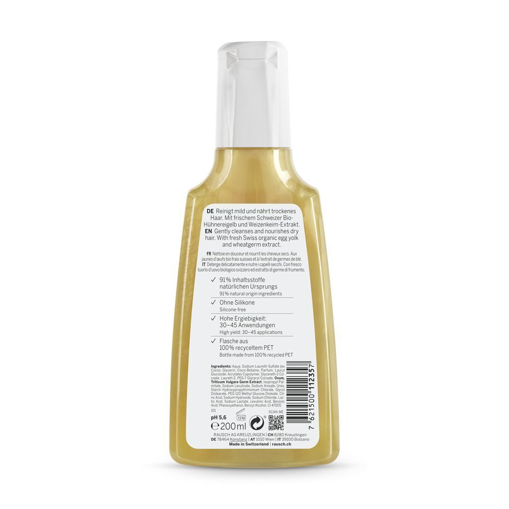Retro di un flacone di Shampoo RAUSCH con ingredienti e istruzioni.
