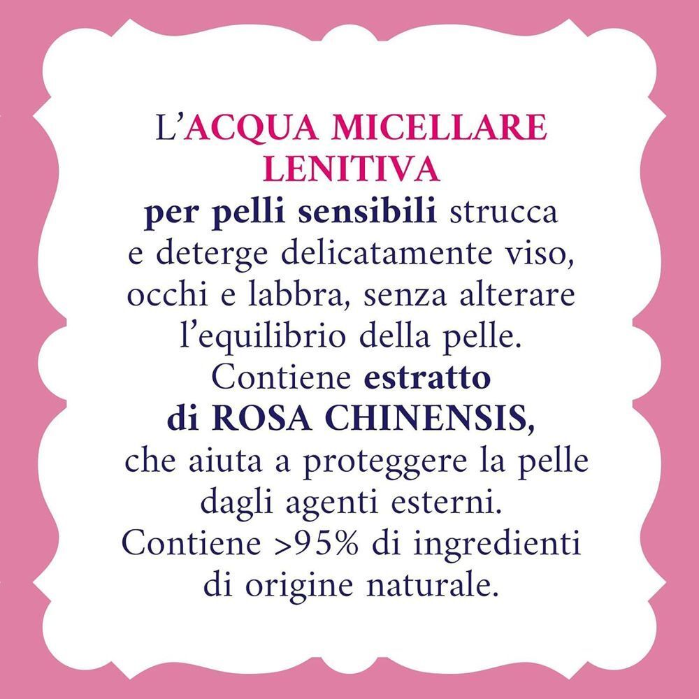 Primo piano dell'etichetta dell'Acqua micellare Acqua alle Rose, che evidenzia le proprietà lenitive.