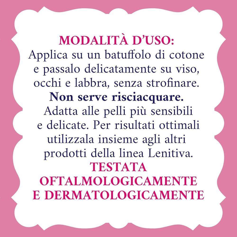 Modalità d'uso per Acqua alle Rose Acqua Micellare Lenitiva, testata oftalmologicamente e dermatologicamente.