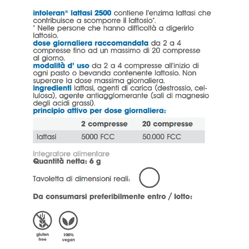 Retro di una confezione di Intoleran Lattasi 2500 con informazioni su ingredienti e dosaggio.