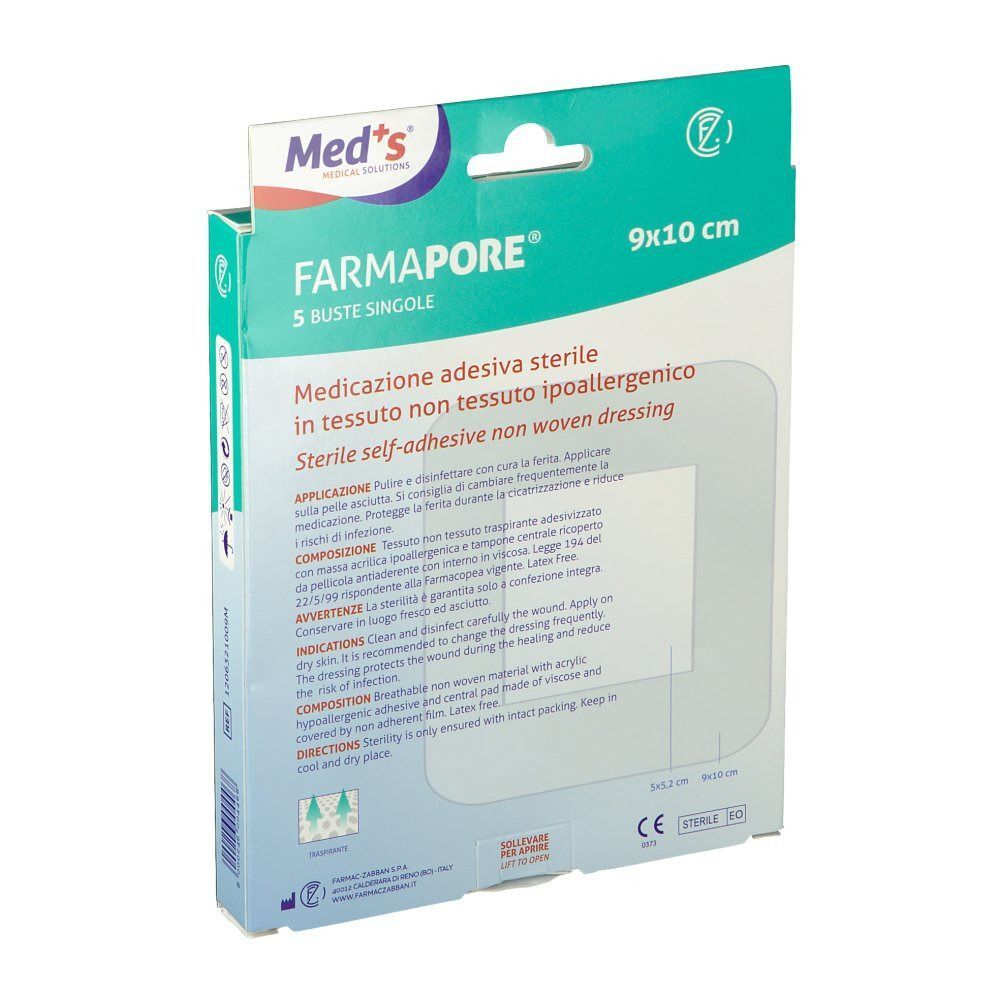 Retro della confezione Meds Farmapore medicazione sterile 9x10 cm con istruzioni per l'uso.